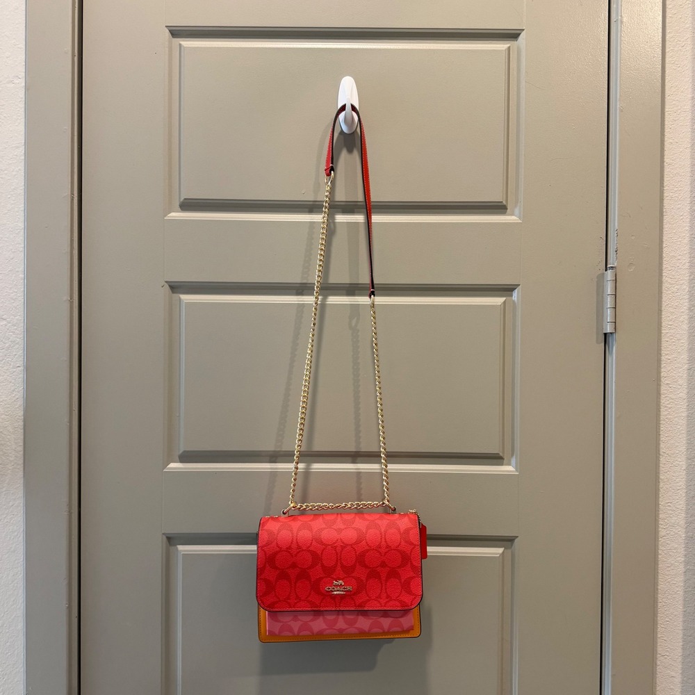 Coach Parker Shoulder Bag Rainbow Signature Canvas Red Multi Crossbody Gold